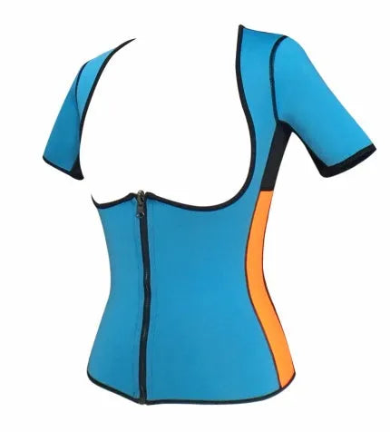 Women's sports shapewear body corset in blue and black colour, neoprene and nylon fabric, fitness body shaper with waist support