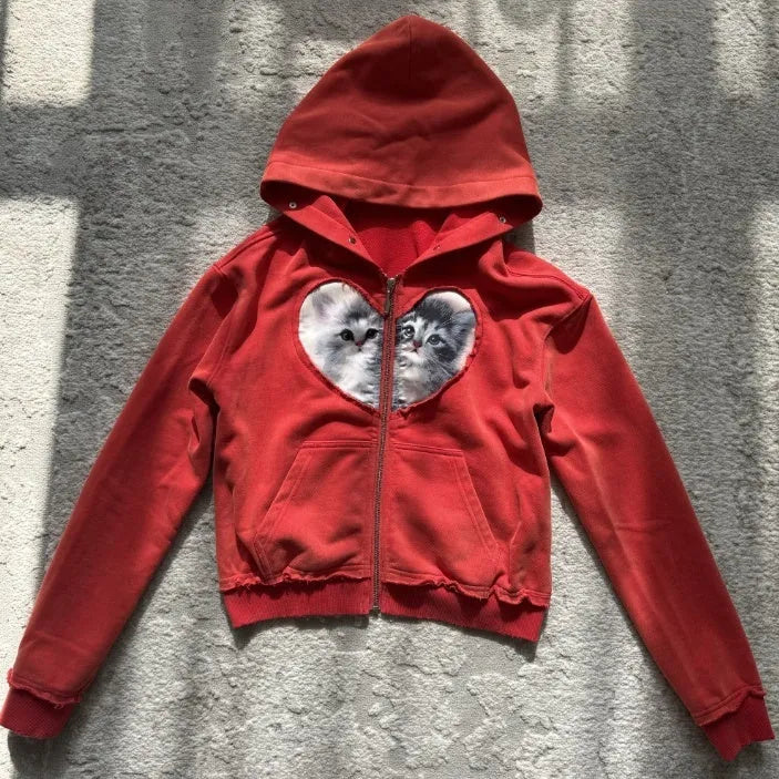Cotton washed distressed love kitten stitching zipper hooded sweater cardigan in washed black, short length 40cm