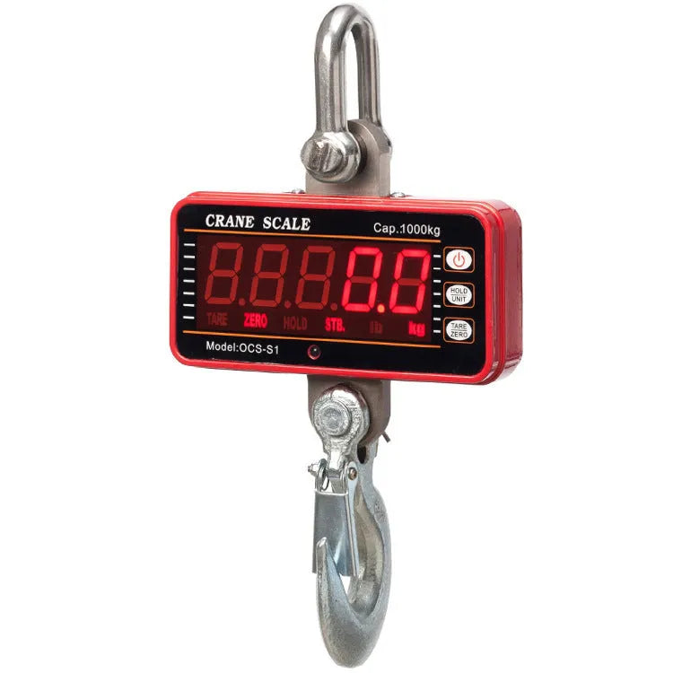 Orange electronic crane scale with digital display showing weight, for loads up to 500kg.
