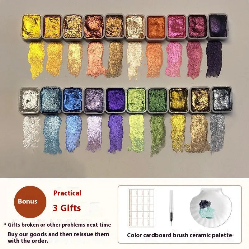 Traditional Chinese painting watercolour set with metallic gold tubes and pearlescent pigments