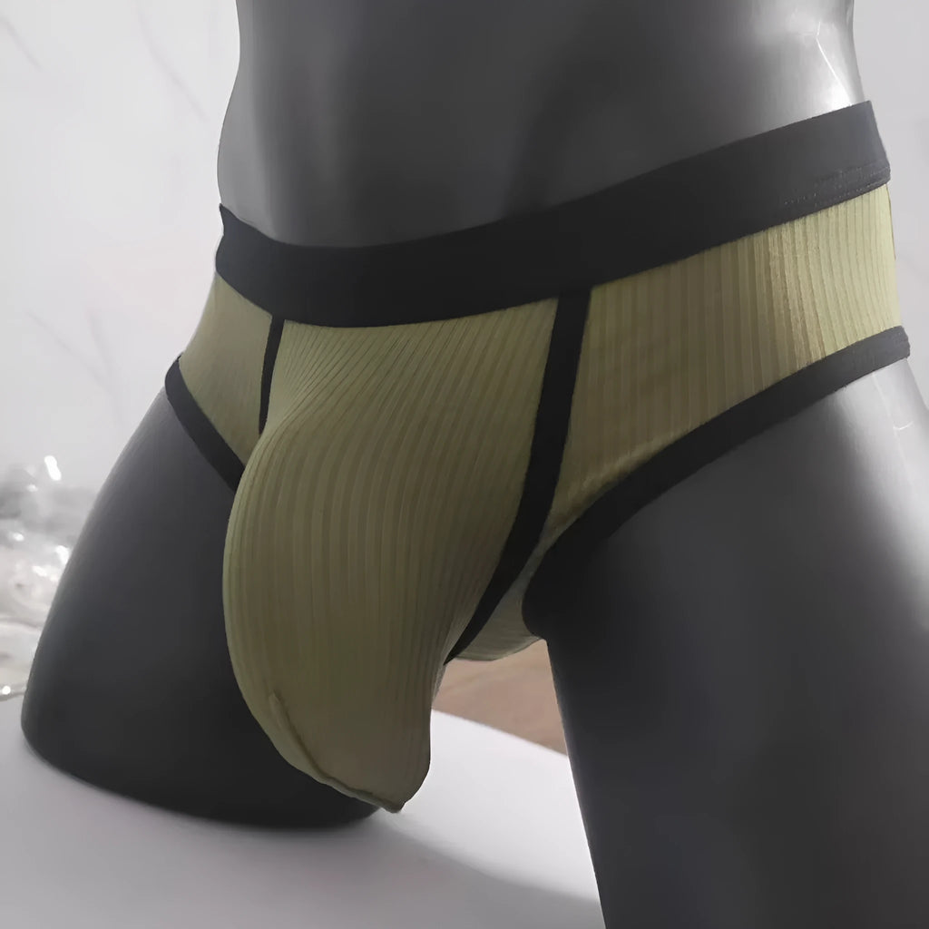 Men's solid colour viscose U-shaped bag briefs on a low waist, shown in multiple colour options.