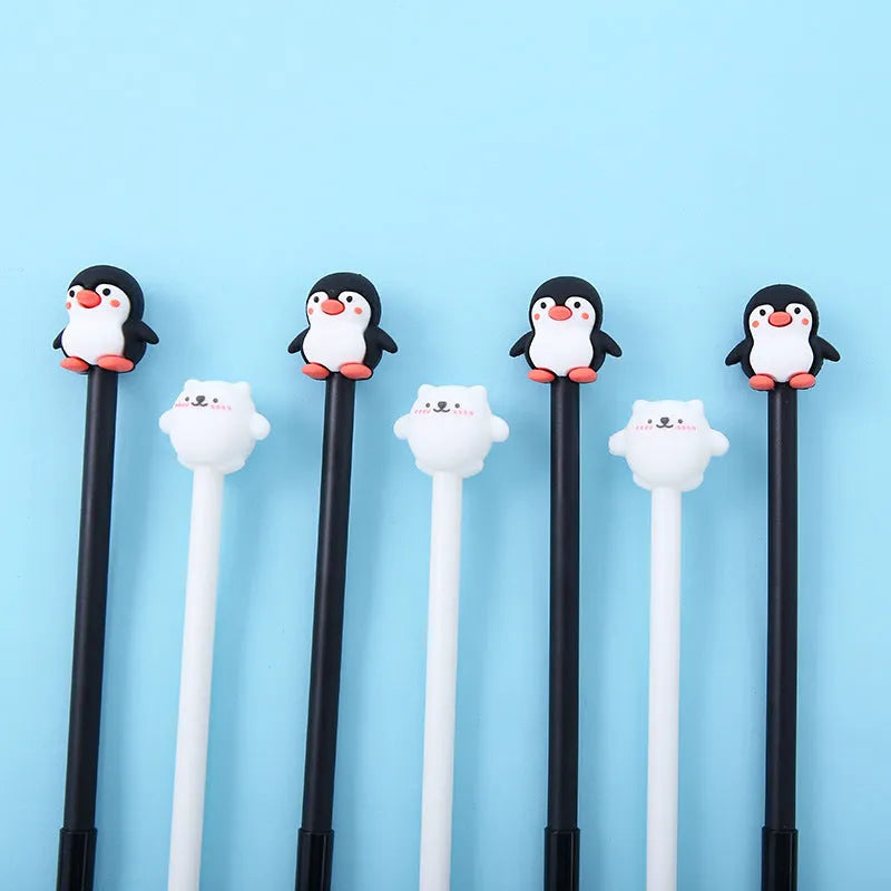 Korean cartoon penguin gel pen with silicone grip and 0.5mm tip in black and blue options
