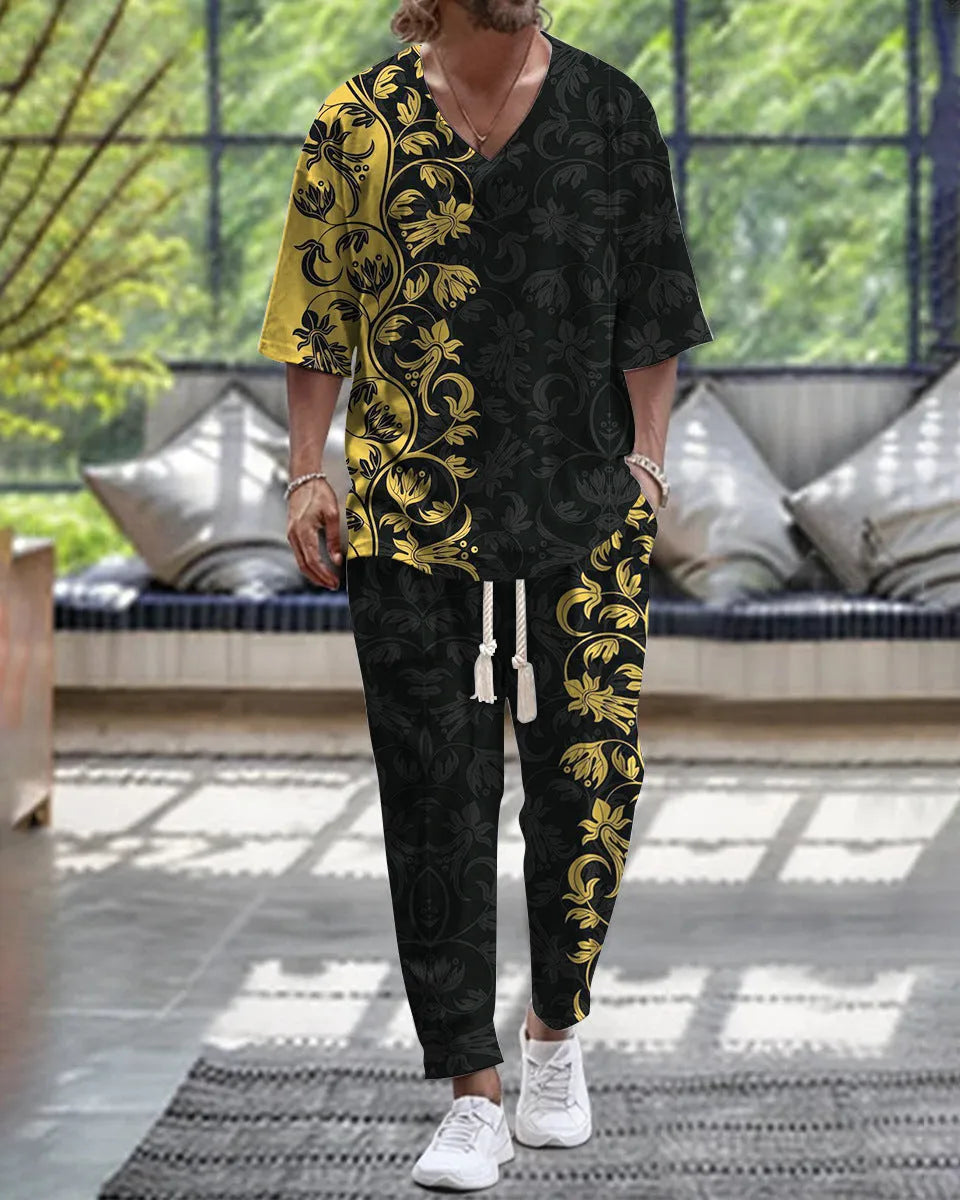 Women's thin polyester cropped sleeve V-neck jacket and matching trousers suit on a hanger.