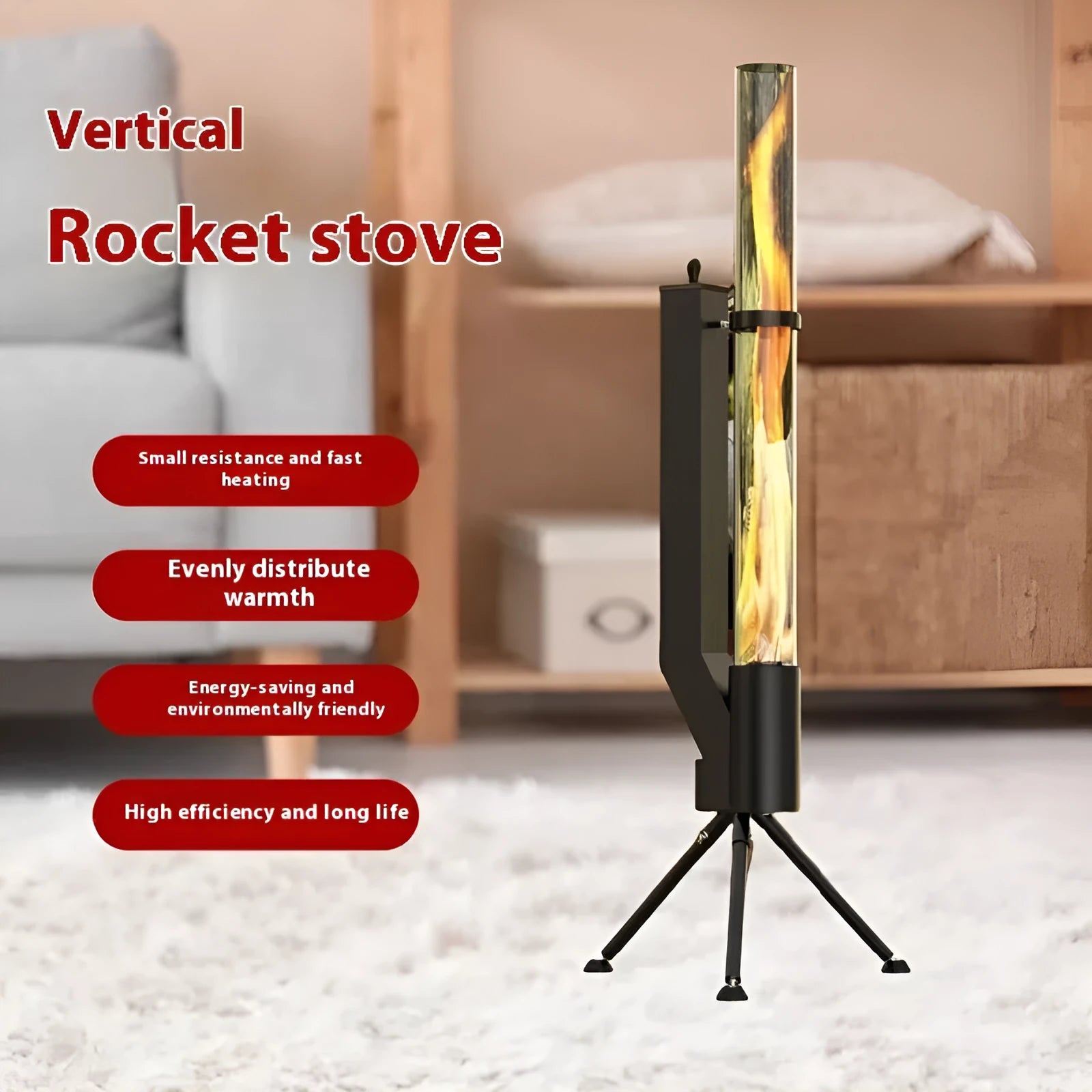 Vertical cast iron wood burning rocket furnace heating stove for outdoor courtyard use