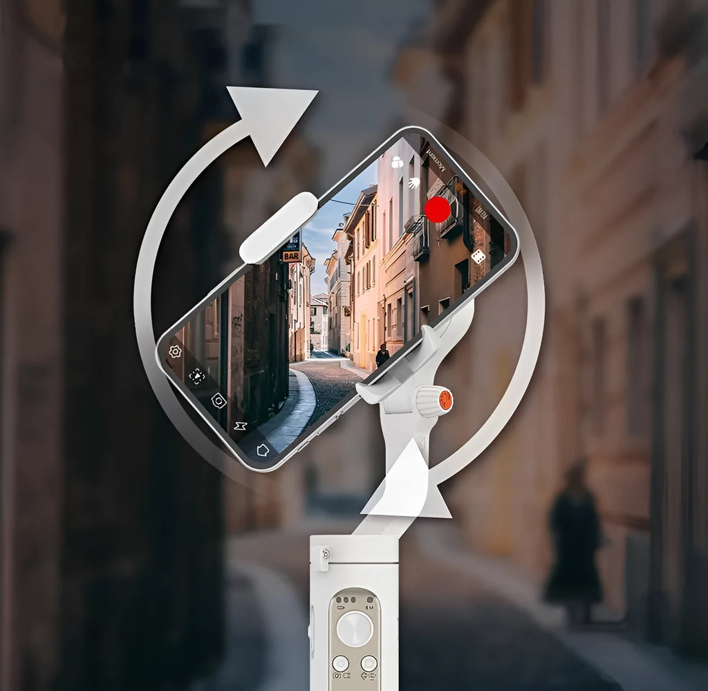 Black and white 3-axis mobile phone stabiliser shown folded to 179mm size with USB charging port