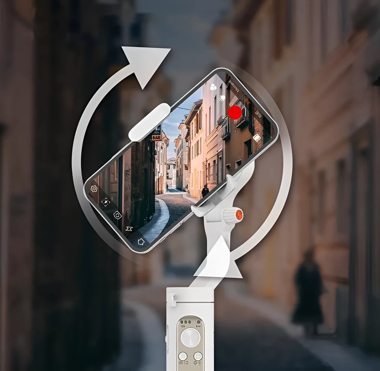 Black and white 3-axis mobile phone stabiliser shown folded to 179mm size with USB charging port