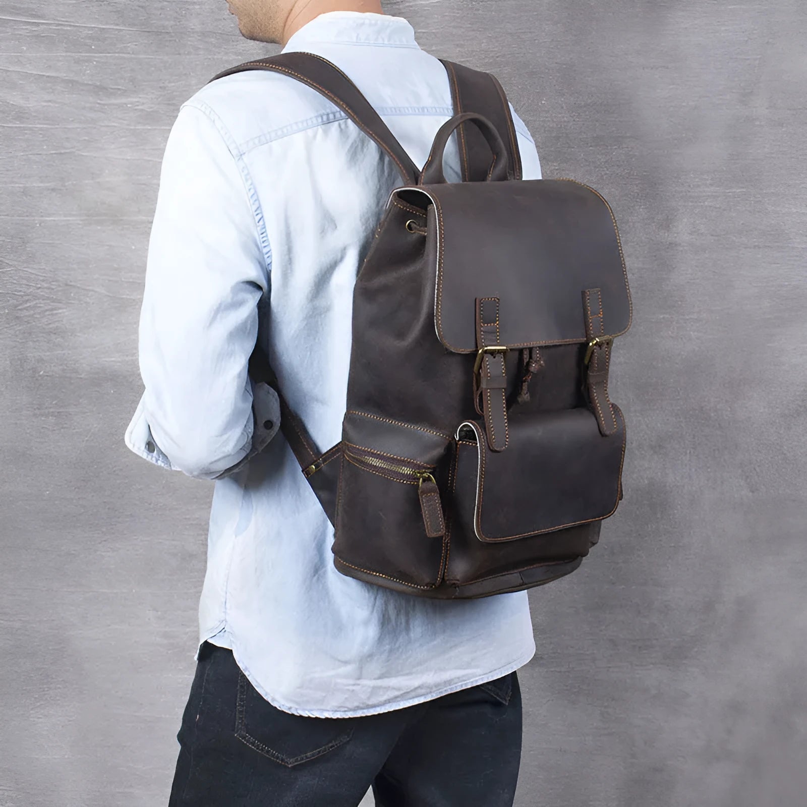 Brown retro crazy horse leather backpack with double shoulder straps and denim lining