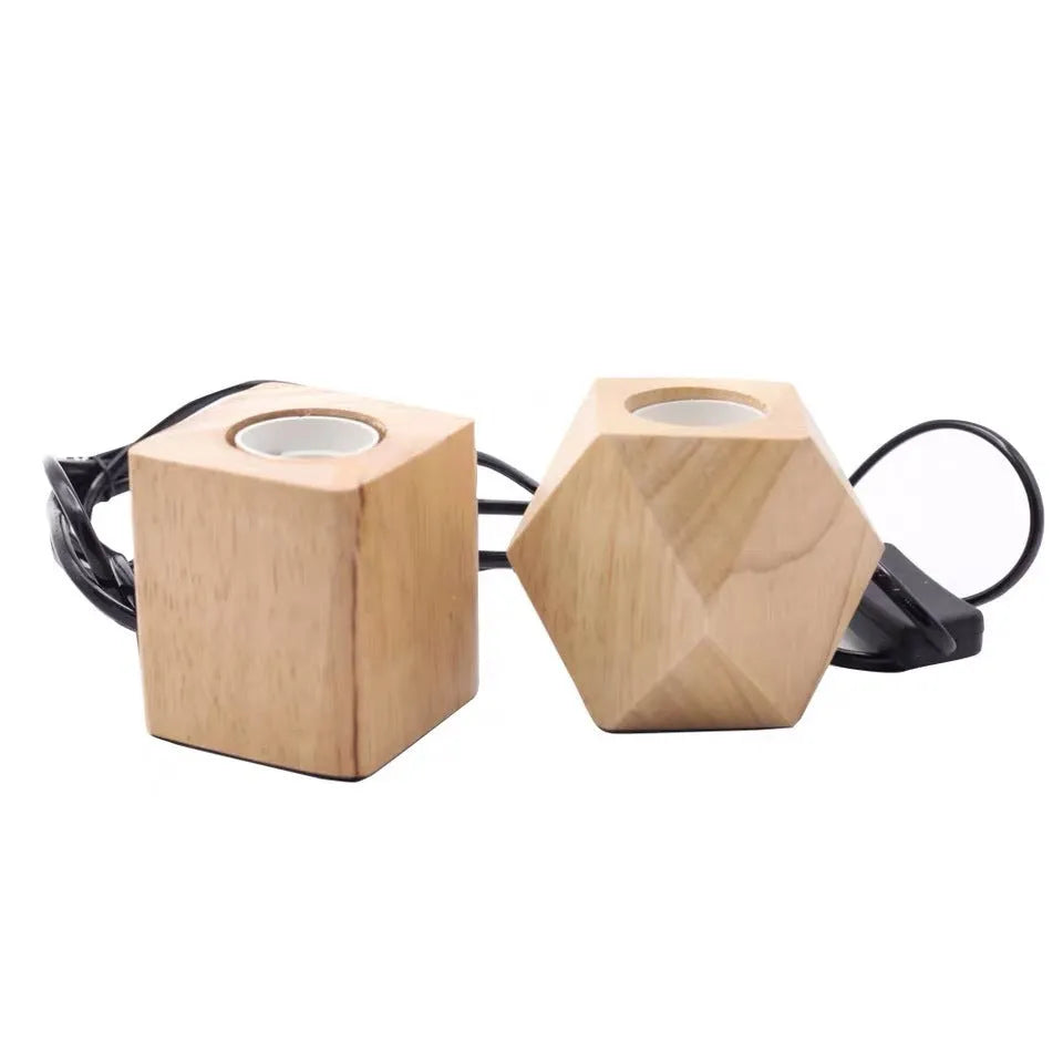 Retro wood lamp holder in square and diamond shapes with hanging wire