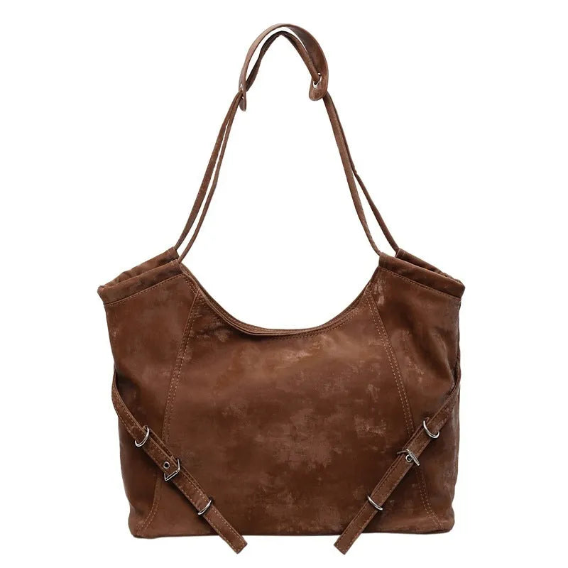 Retro large capacity shoulder bag in PU, horizontal square shape, double straps, colour black