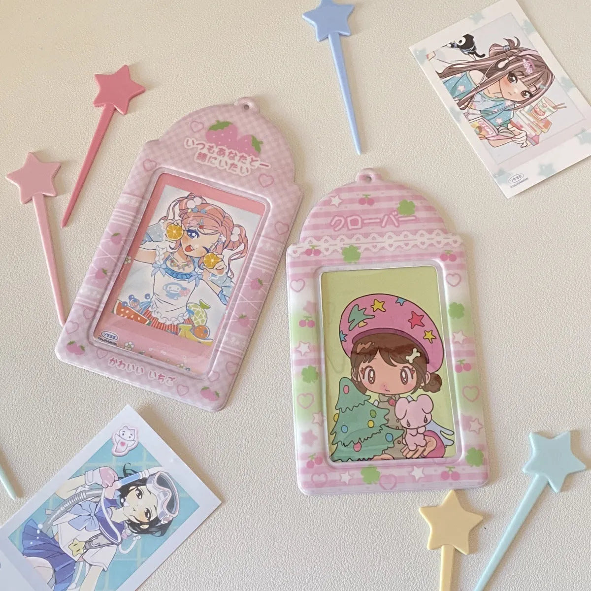 Cartoon strawberry and four-leaf clover PVC meal card holder pendants showing 3-inch card window