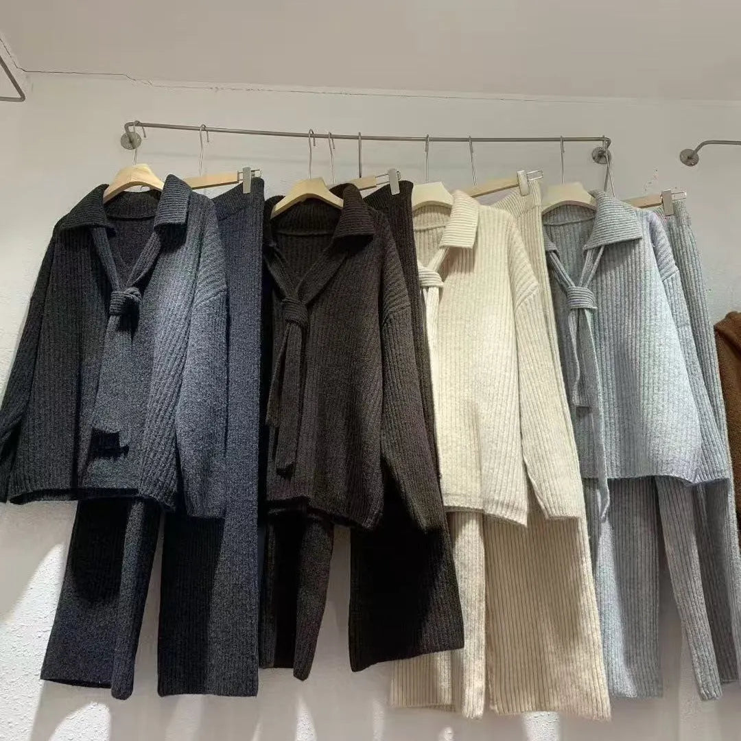 Sweater suit two-piece set with knit top and casual trousers in acrylic fibre imitation cashmere fabric