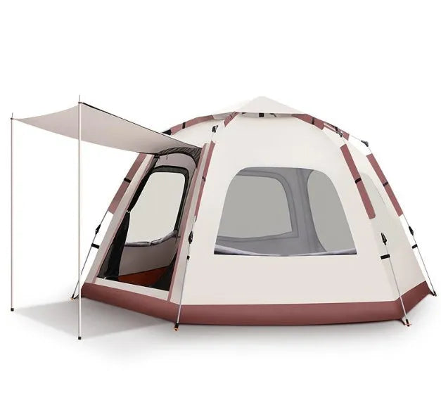 Beige outdoor camping tent, large hexagonal automatic tent 280x240x155cm, windproof waterproof anti mosquito