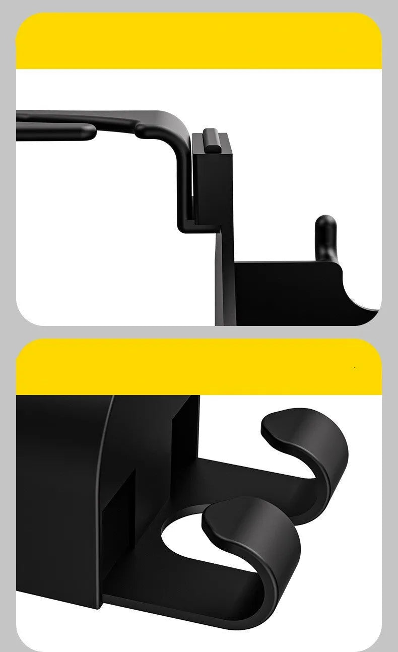 Black plastic car seat back organiser with a cup holder and two hanging hooks