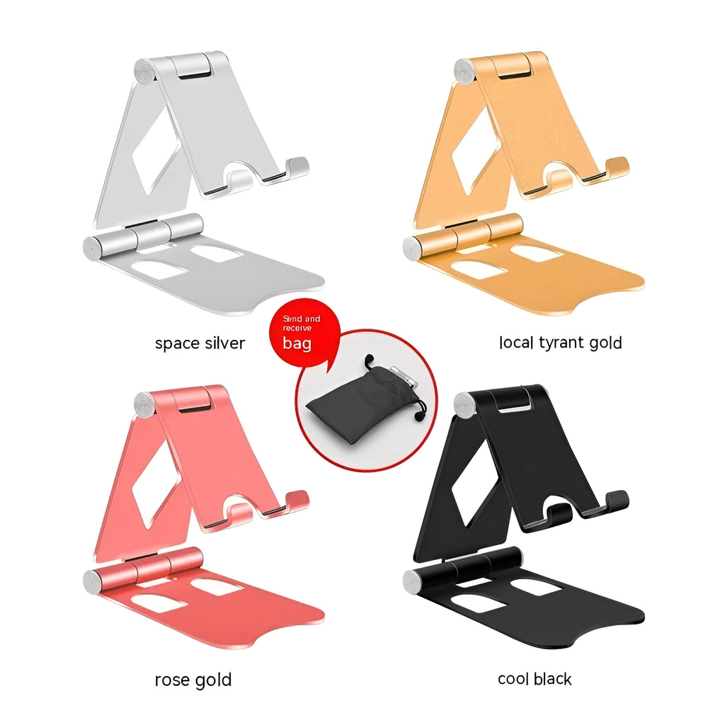 Aluminium alloy folding desktop phone stand in metallic finish, universal bracket for all phone brands