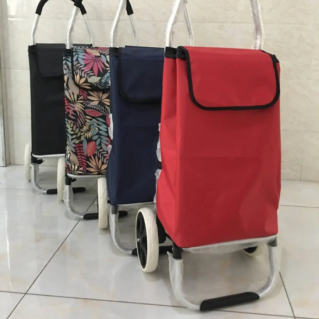 Folding aluminium alloy shopping cart trolley with pull rod and white ring bull wheel in black colour