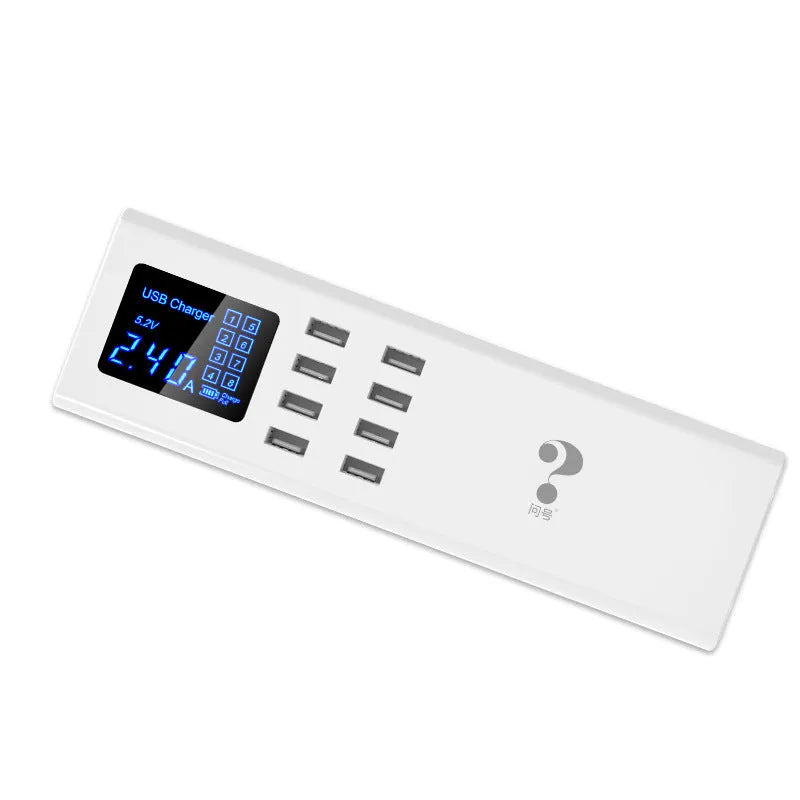 Smart multi-port USB charger in ceramic white, 220x67x39mm, with indication light and 1.5m cable