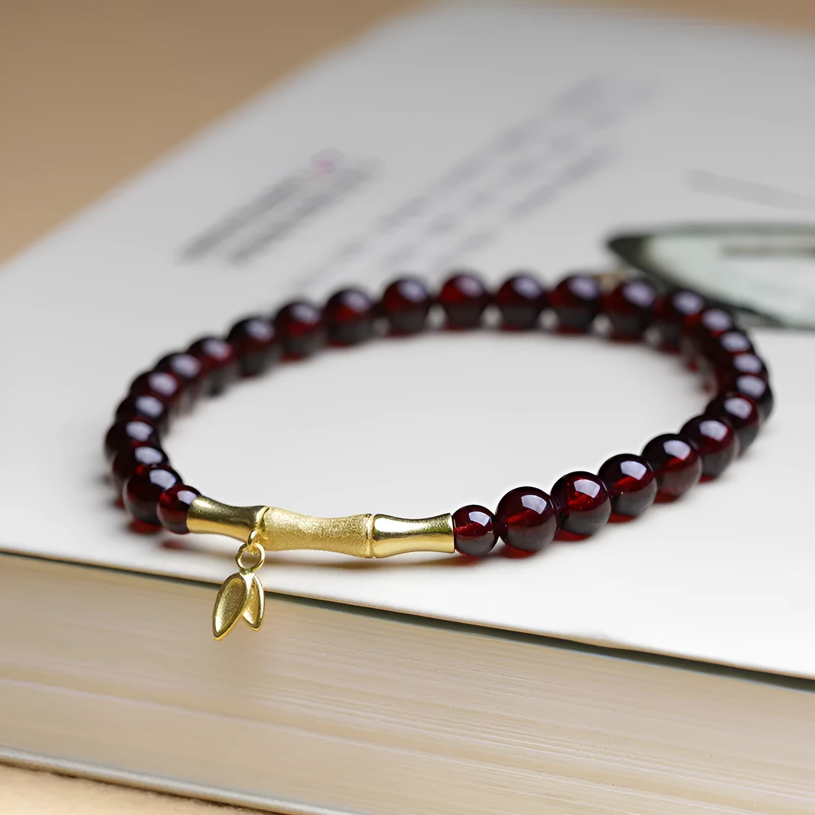 6mm garnet bamboo joint single ring bracelet with manual processing in copper or silver finish