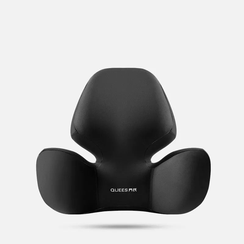 Black and grey memory foam car seat lumbar support pillow and headrest on a car seat.