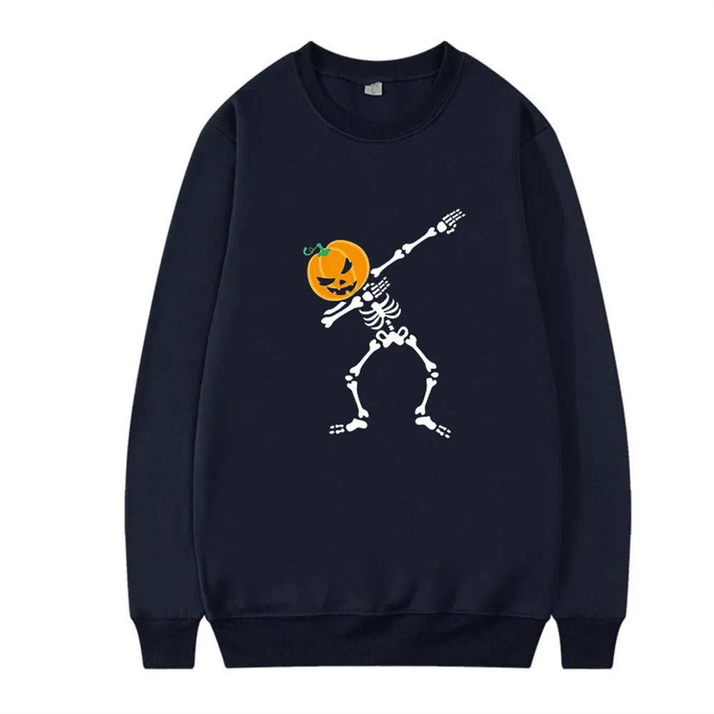 Women's printed crew neck long sleeve top in black with creative pattern, shown front view