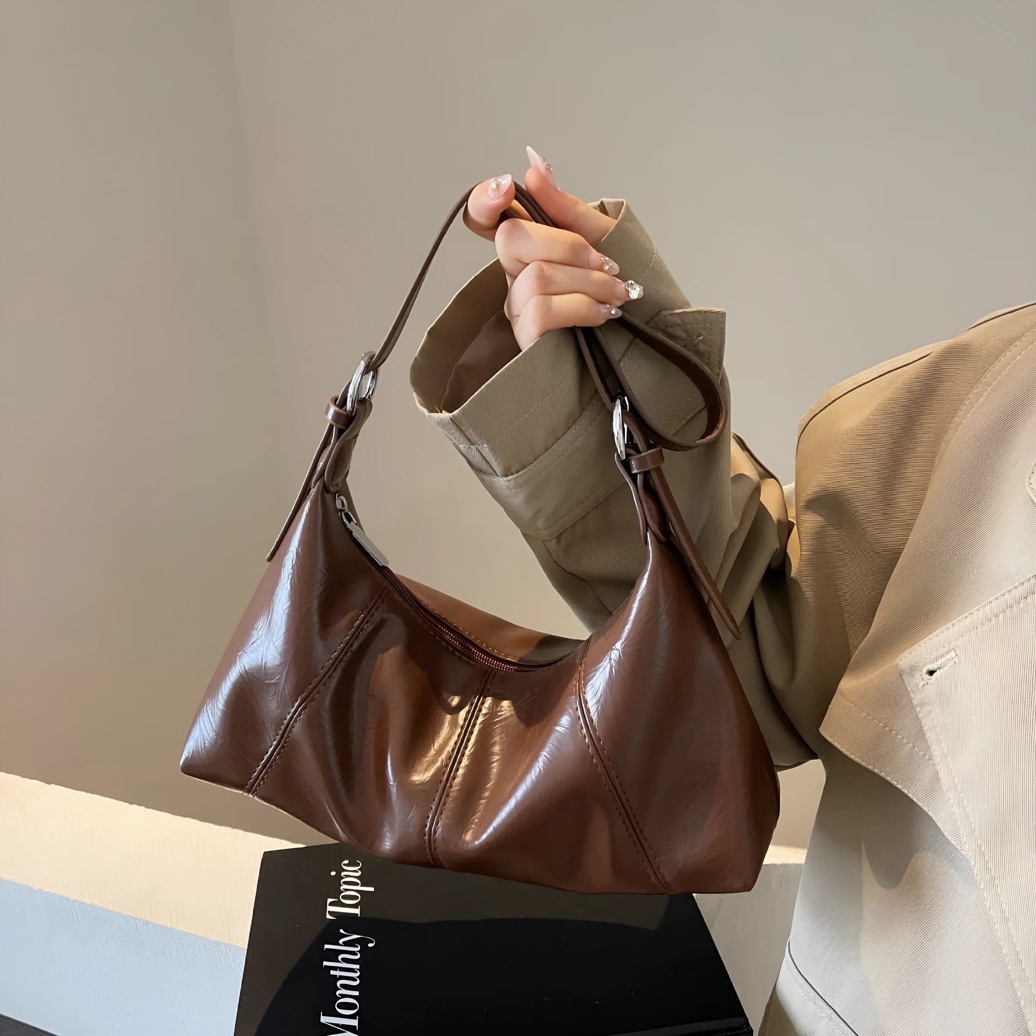 New women's crossbody bag in beige, soft PU material with stitching detail and double shoulder straps