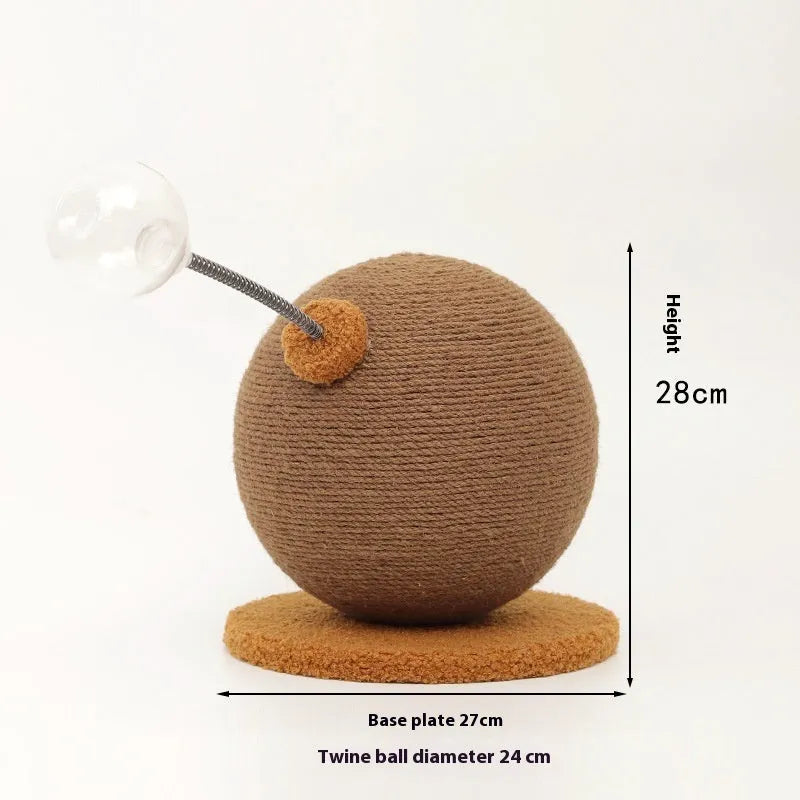 Angled cat scratch board with woven hemp rope surface and a separate round cat toy ball