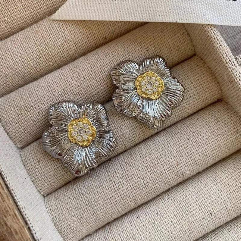 Textured gardenia stud earrings in E3002 two-tone colour with copper construction