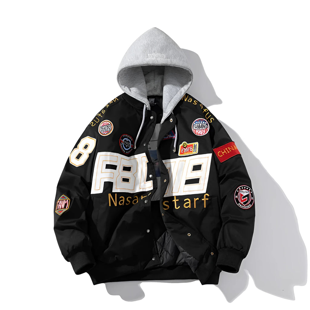 American motorcycle baseball uniform in black, red, or blue with optional detachable hood