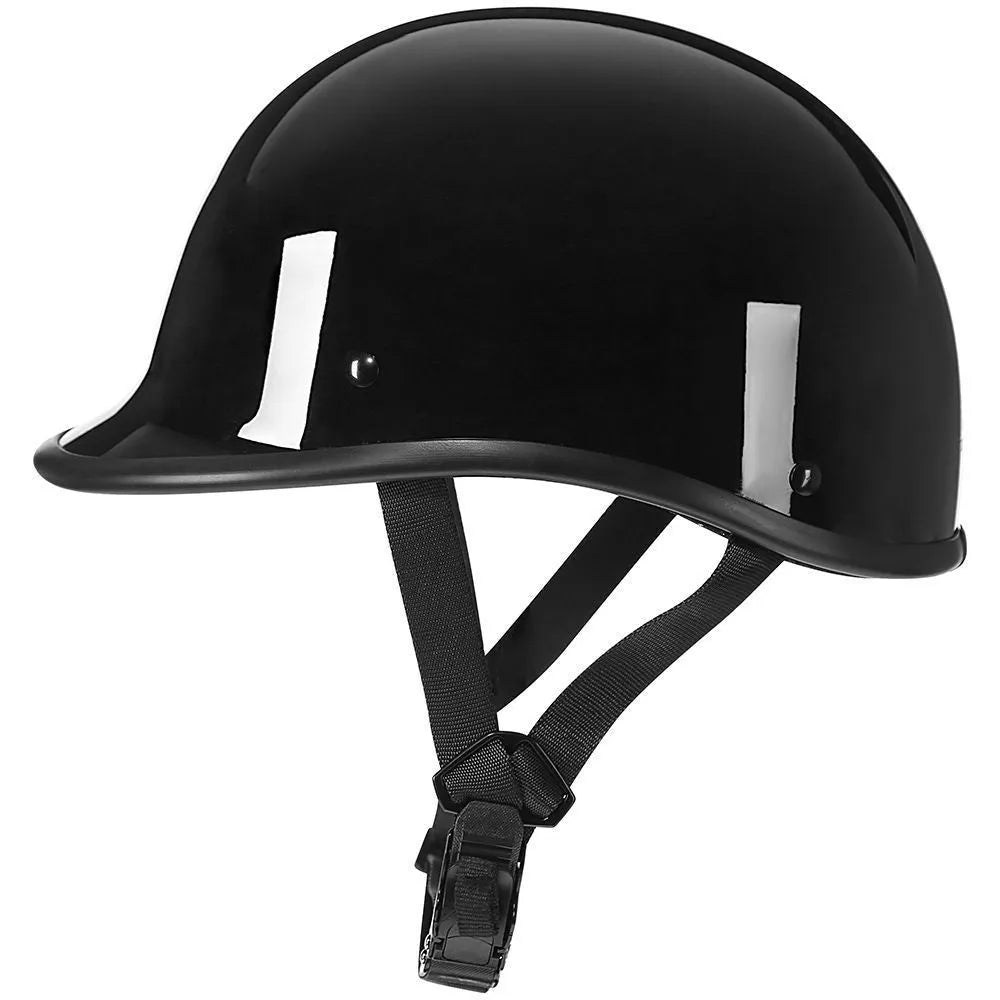 Retro style motorcycle helmet in ABS plastic shown in matte black and other colour options.