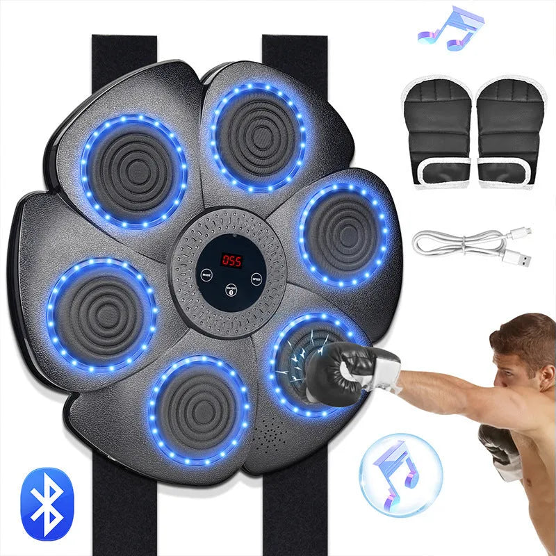 Black smart boxing wall target with LED lights and half-finger gloves on a wall for indoor training.