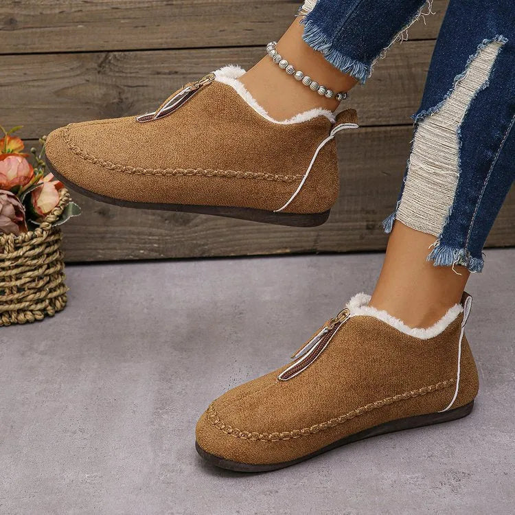 Women's casual solid colour suede retro snow boots, low-top, cotton lining, rubber sole, available camel and black