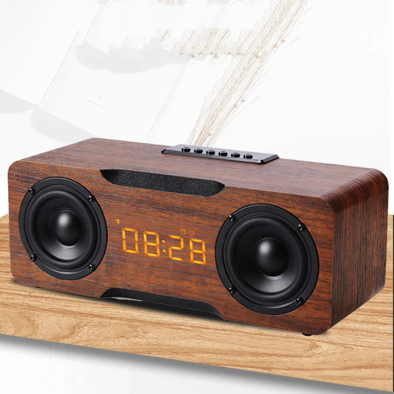 Wooden clock Bluetooth speaker with digital display in brown finish, showing clock face and speaker grille