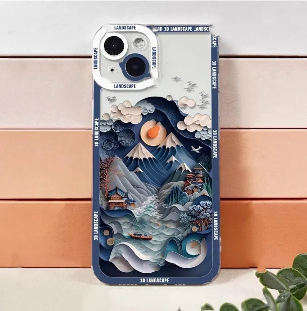 3D landscape silicone phone case in dark grey for iPhone