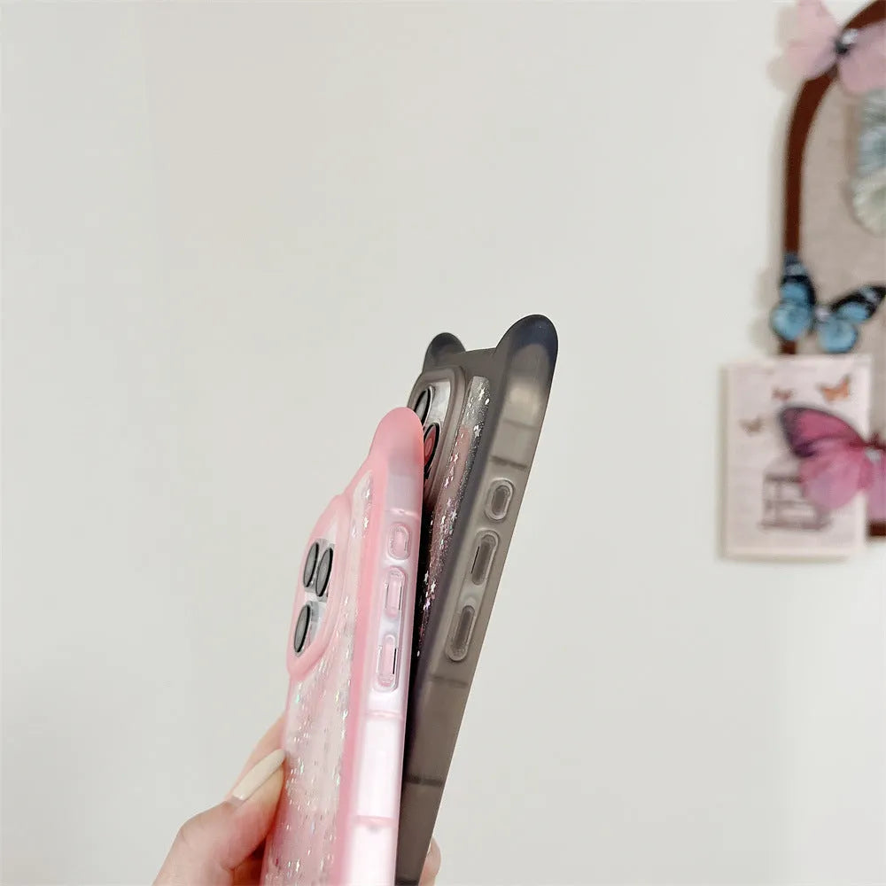 Three-dimensional cat ears epoxy glitter phone case for Apple iPhone in pink colour