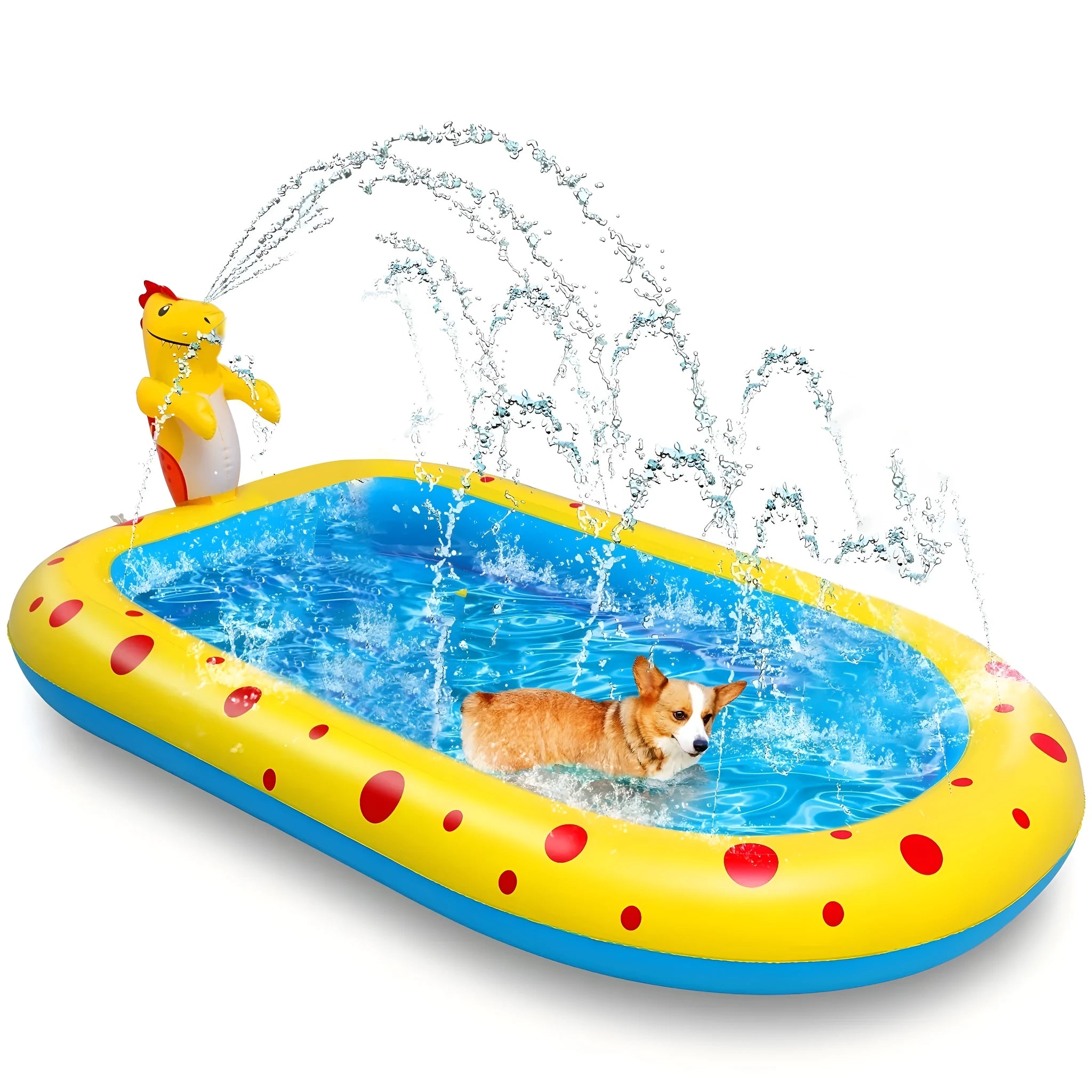 Blue dinosaur and shark themed water spray pool for kids outdoor play measuring 170cm long