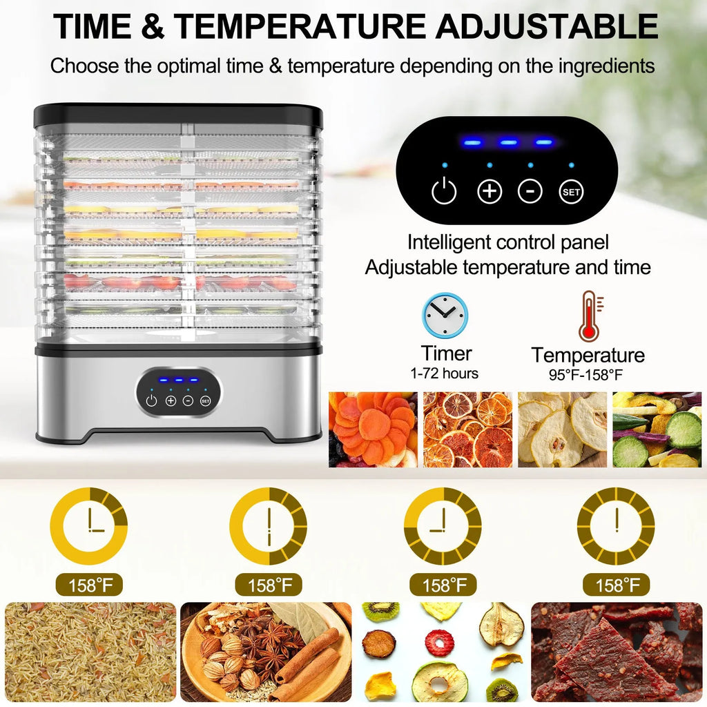 Silver household food dehydrator with 8-layer tray system showing expanded height configuration