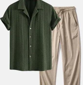 Men's slim fit camouflage print short sleeve suit with matching trousers, shown in a cardigan style.
