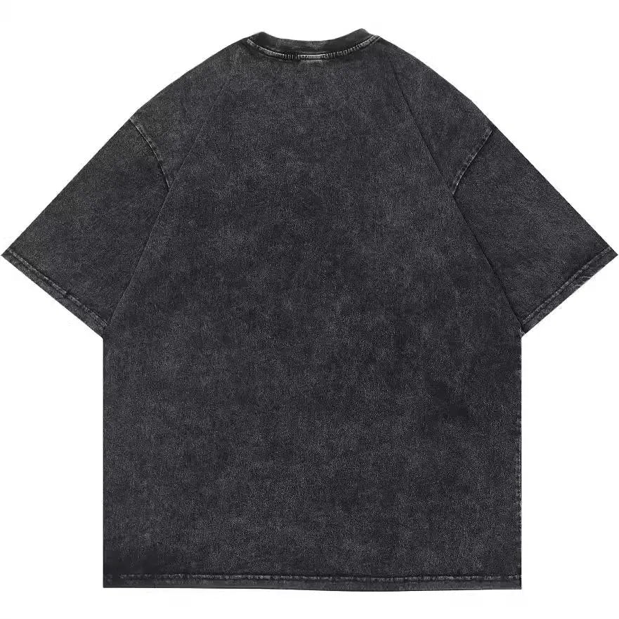 Men's washed black cotton T-shirt with cartoon print and loose fit short sleeves