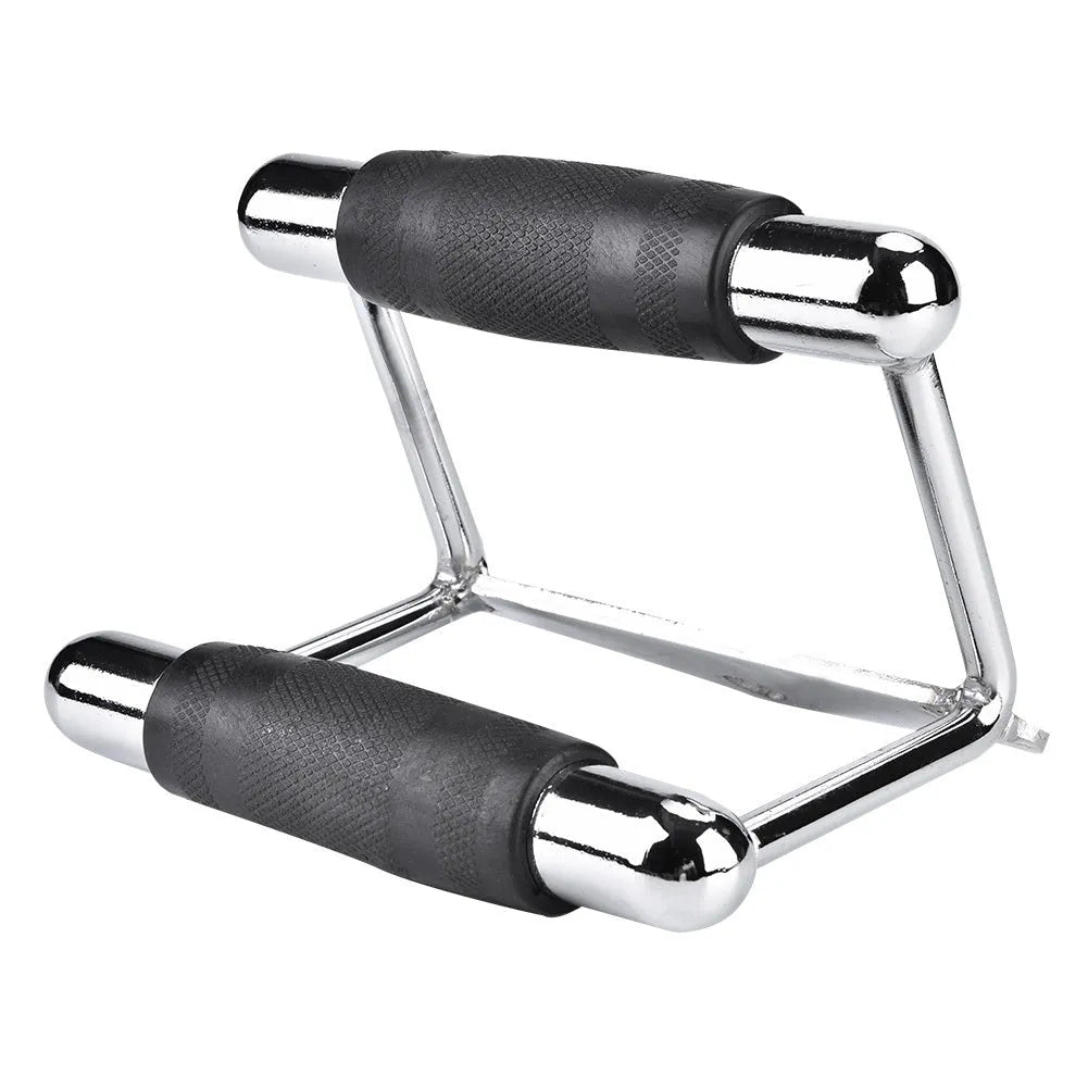 Steel triangle bar cable machine attachment in silver finish with central D-ring