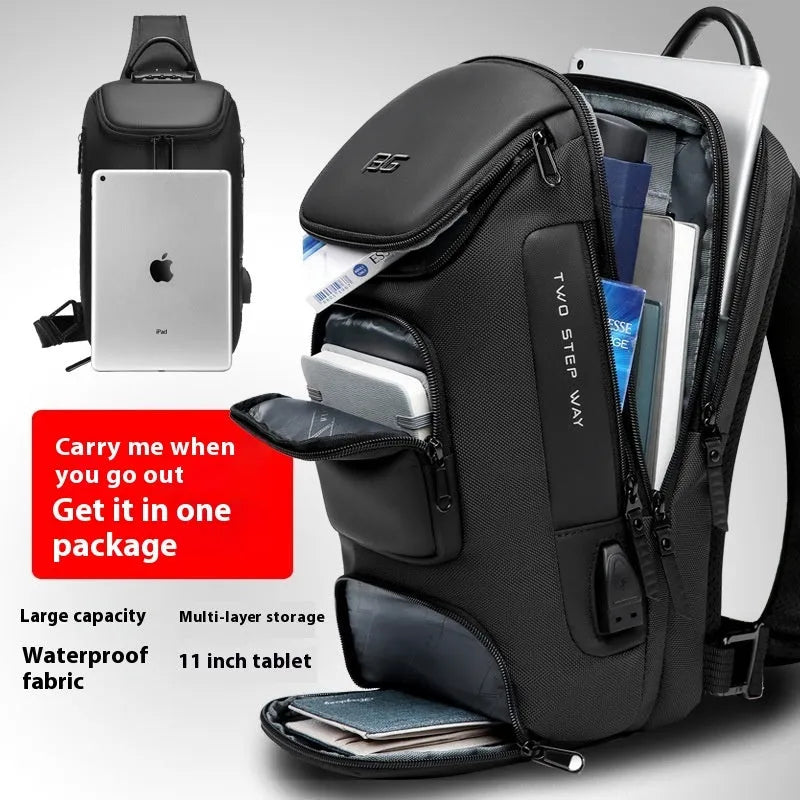 Men's mechanical style single-shoulder bag in black or grey Oxford cloth with polyester lining for business travel.