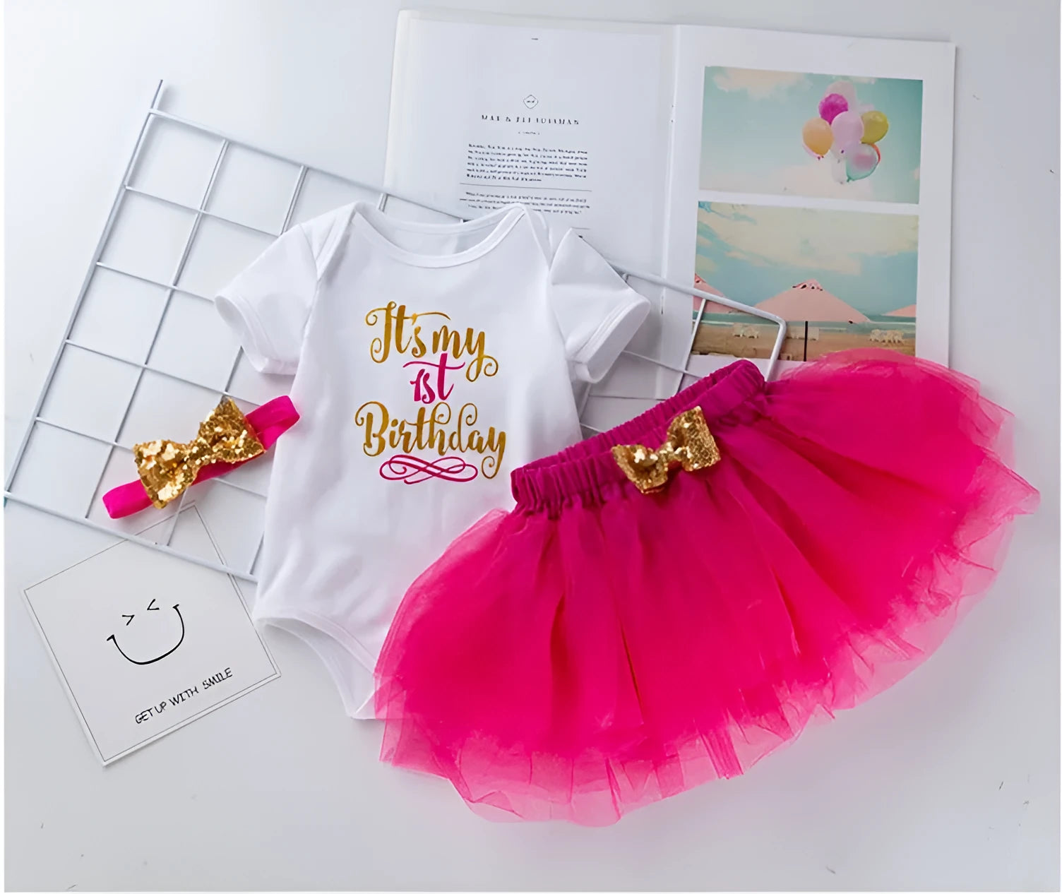 Girls' short-sleeved letter printed blouse and mesh skirt set in rose red, front view
