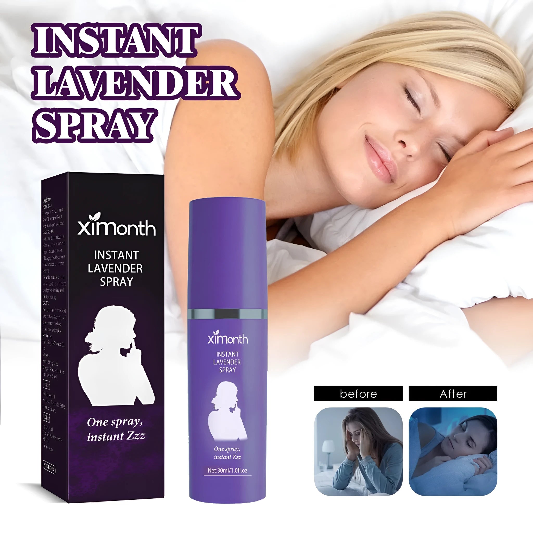 Lavender sleep spray 30ml bottle with spray nozzle on a calm bedroom background