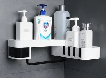 White and black corner shelf with adhesive wall mounts for bathroom or kitchen storage