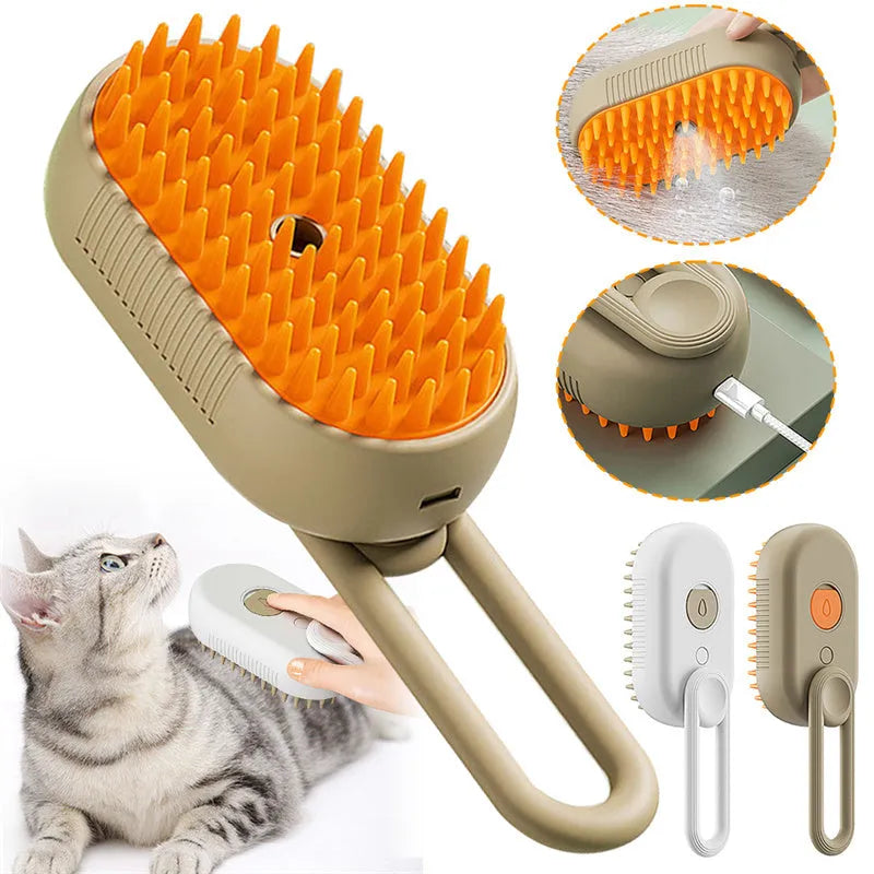 Porcelain White 3-in-1 Electric Steam Pet Brush with silicone bristles and USB charging port