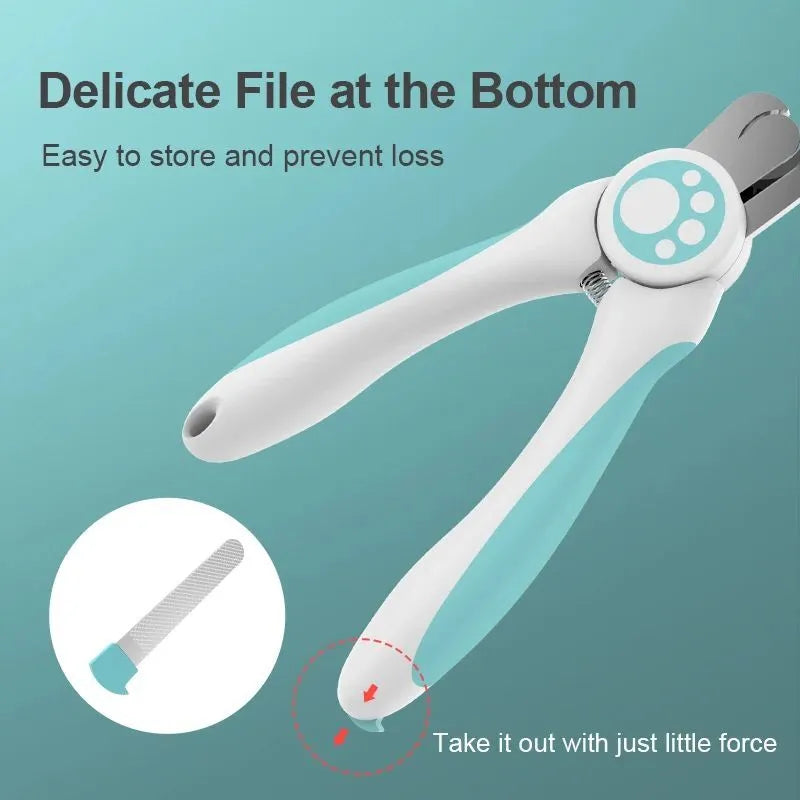 Blue and white professional pet nail clipper for dogs and cats with a safety lock and stainless steel blade