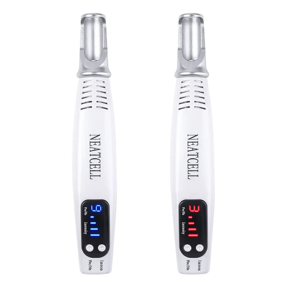 Picosecond laser pen in blue and red colours for tattoo removal and dark spot treatment, with charge cable and safe goggles
