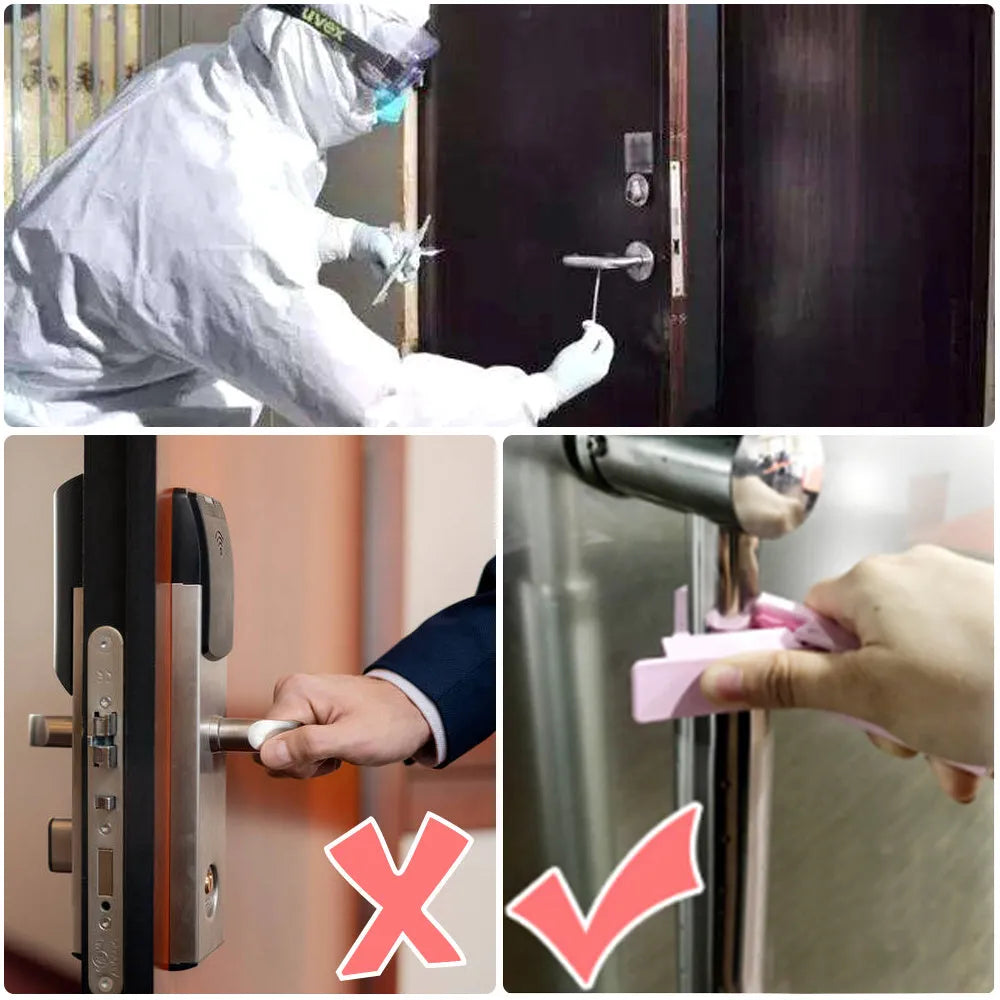 Plastic contactless door opening tool 11.5x2.5x3cm in blue and pink for avoiding direct contact with shared surfaces