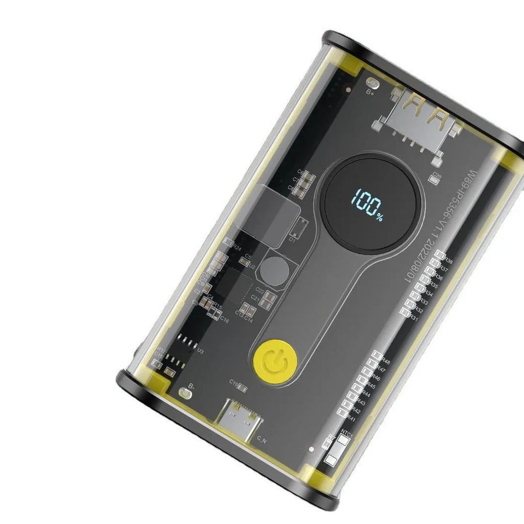 Transparent industrial power bank showing internal aluminium battery cells with 10000mAh capacity