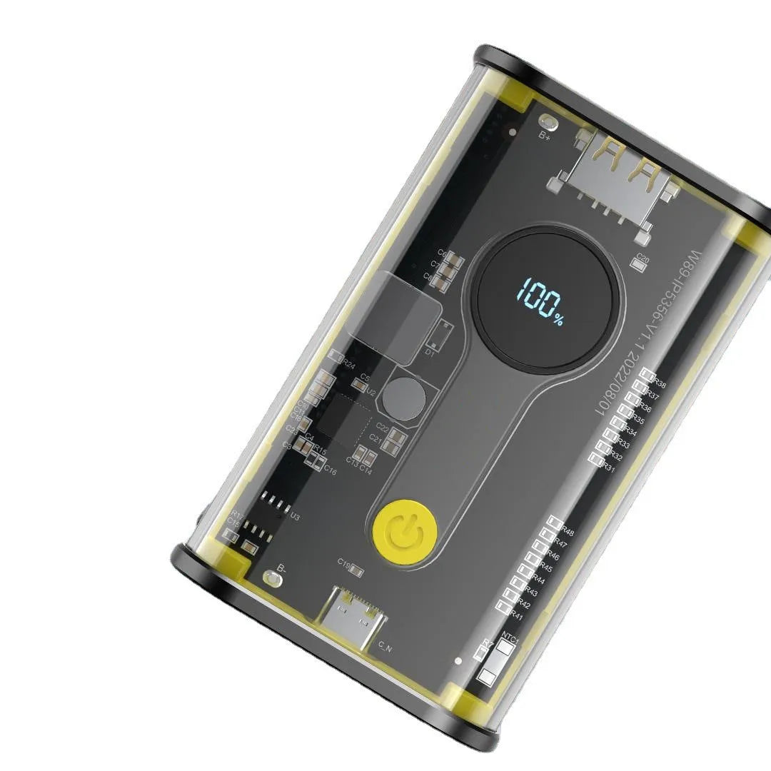 Transparent industrial power bank showing internal aluminium battery cells with 10000mAh capacity