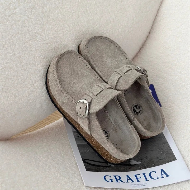 Unisex cow suede mule slippers with cork sole in sand gray colour, side view