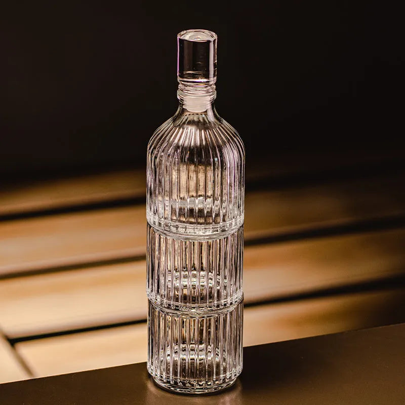 Clear glass whiskey wine glass with striped pattern on modern bar table